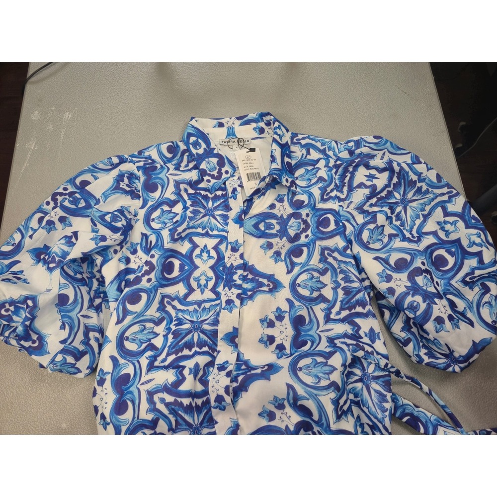 Yakira Bella Allie Dress Blue White Tile Print Puff Sleeve Midi Belted New S